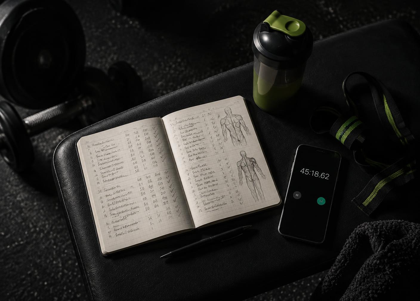 Caderno de treino com marcações ao lado de uma garrafa e um celular com cronômetro